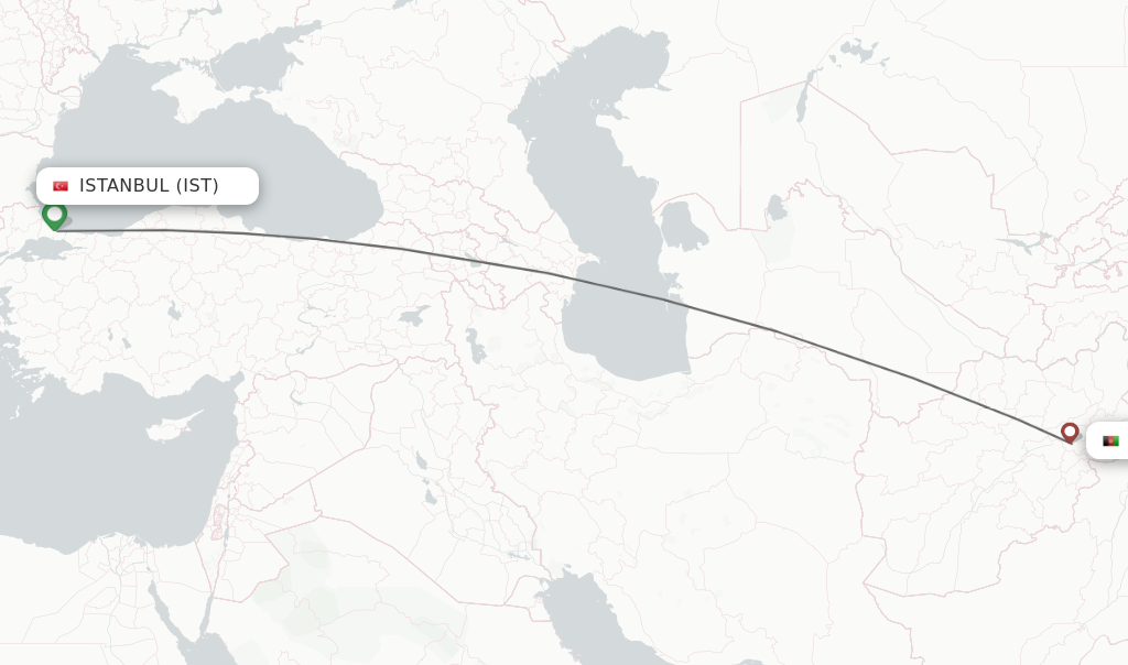 Flights from Istanbul to Kabul route map