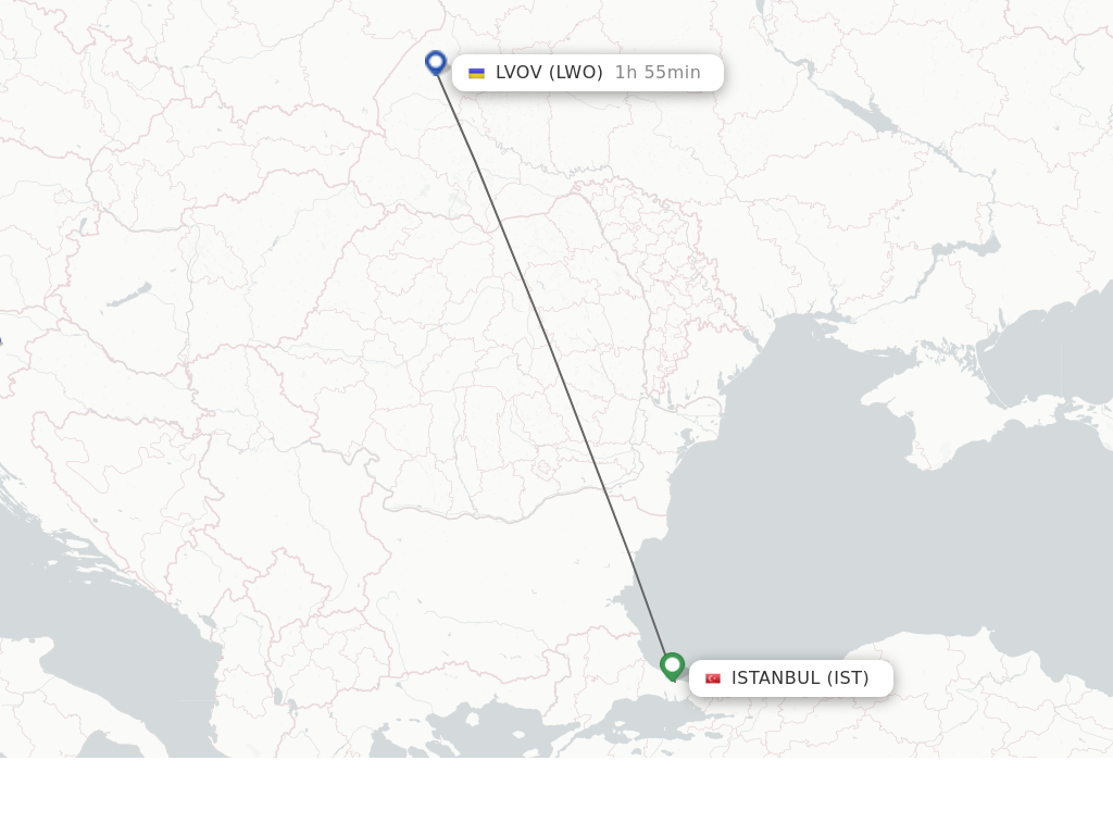 Flights from Istanbul to Lviv route map