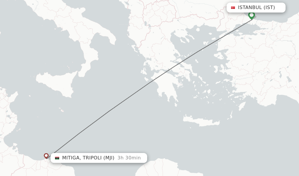 Flights from Istanbul to Mitiga, Tripoli route map