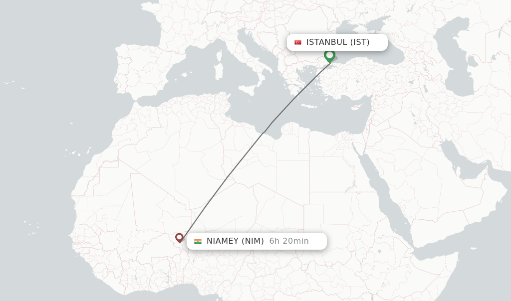 Flights from Istanbul to Niamey route map