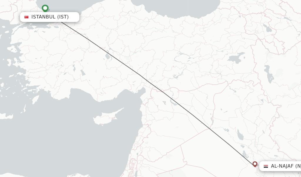 Flights from Istanbul to Al-Najaf route map