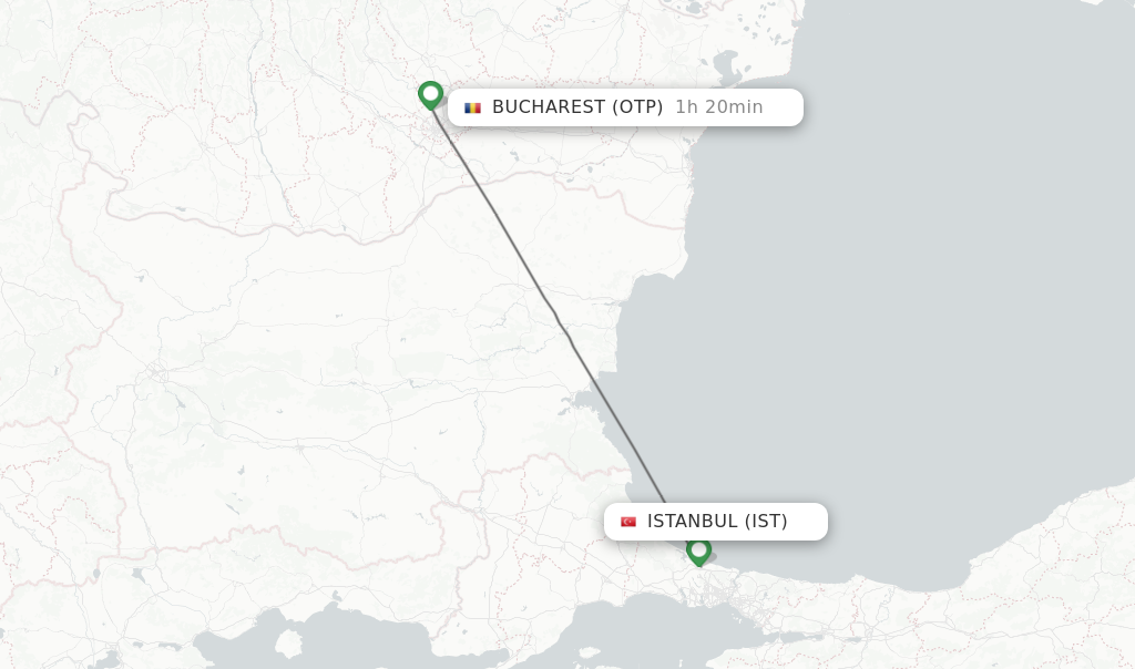 Flights from Istanbul to Bucharest route map