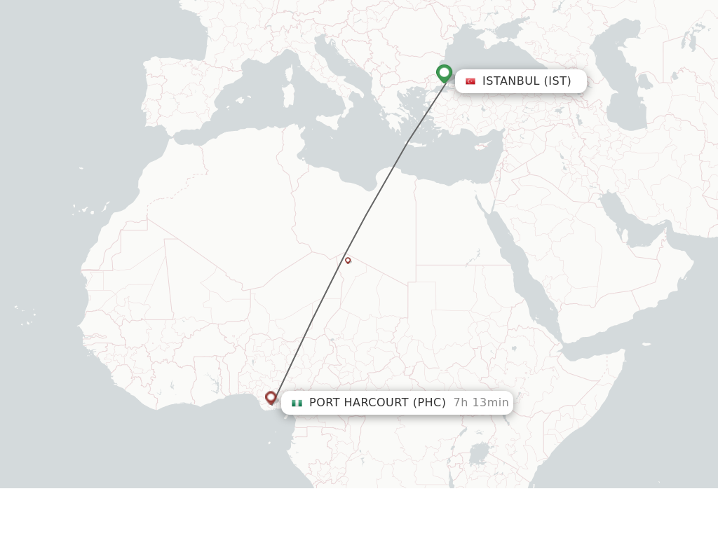 Flights from Istanbul to Port Harcourt route map