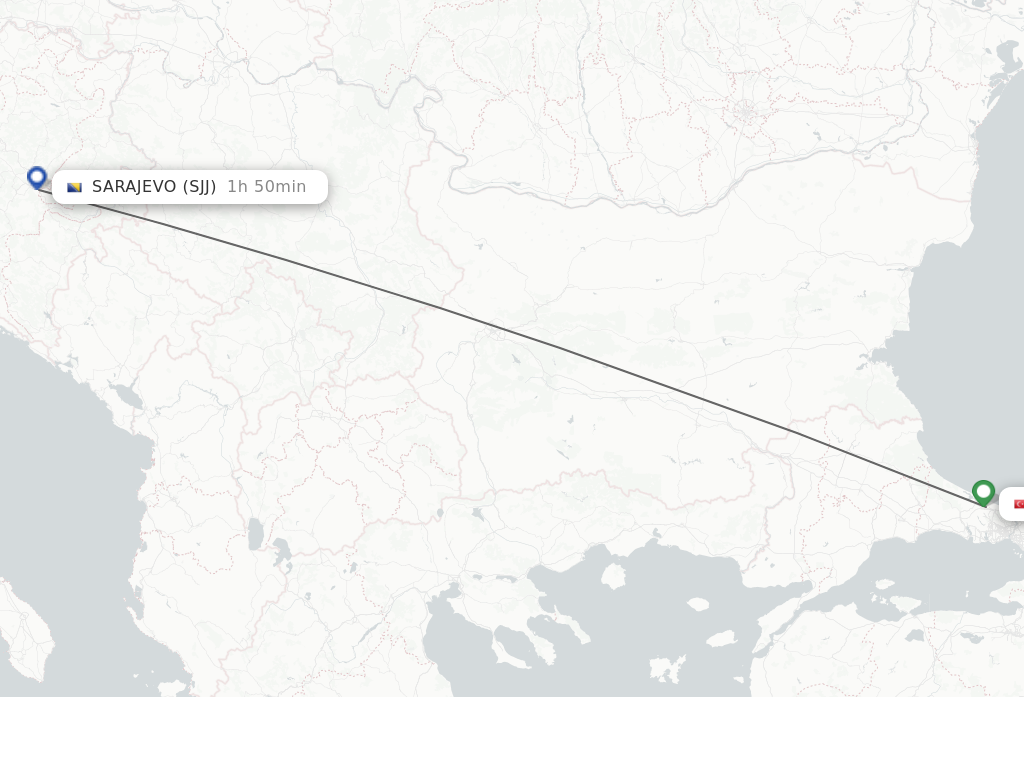 Flights from Istanbul to Sarajevo route map
