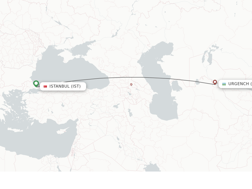 Flights from Istanbul to Urgench route map