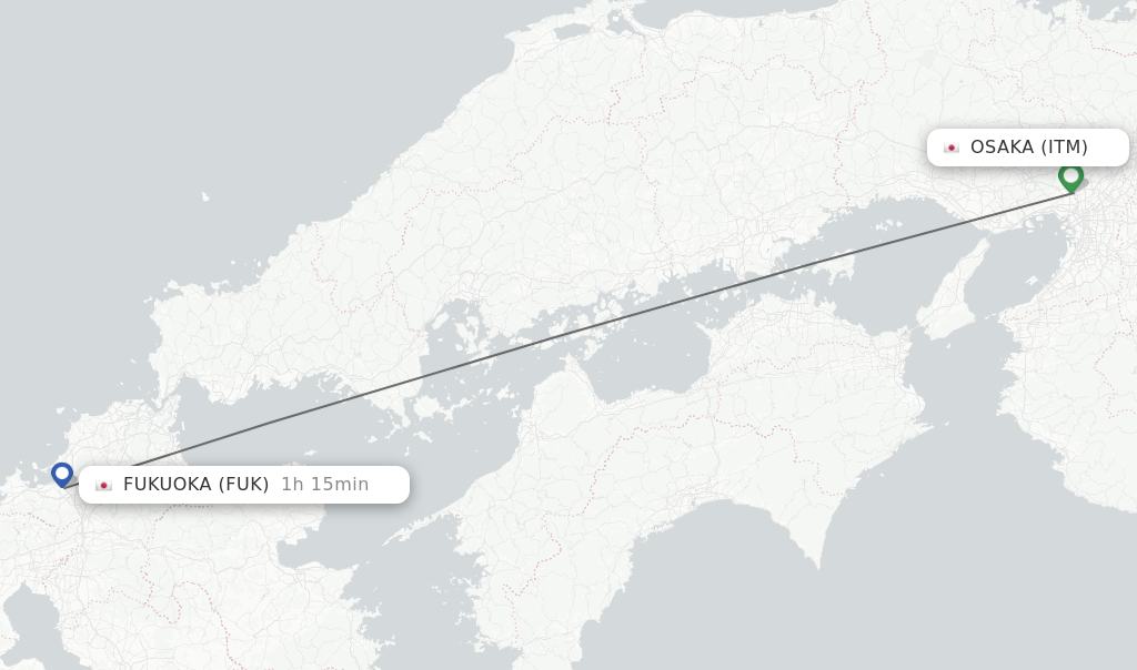 Flights from Osaka to Fukuoka route map