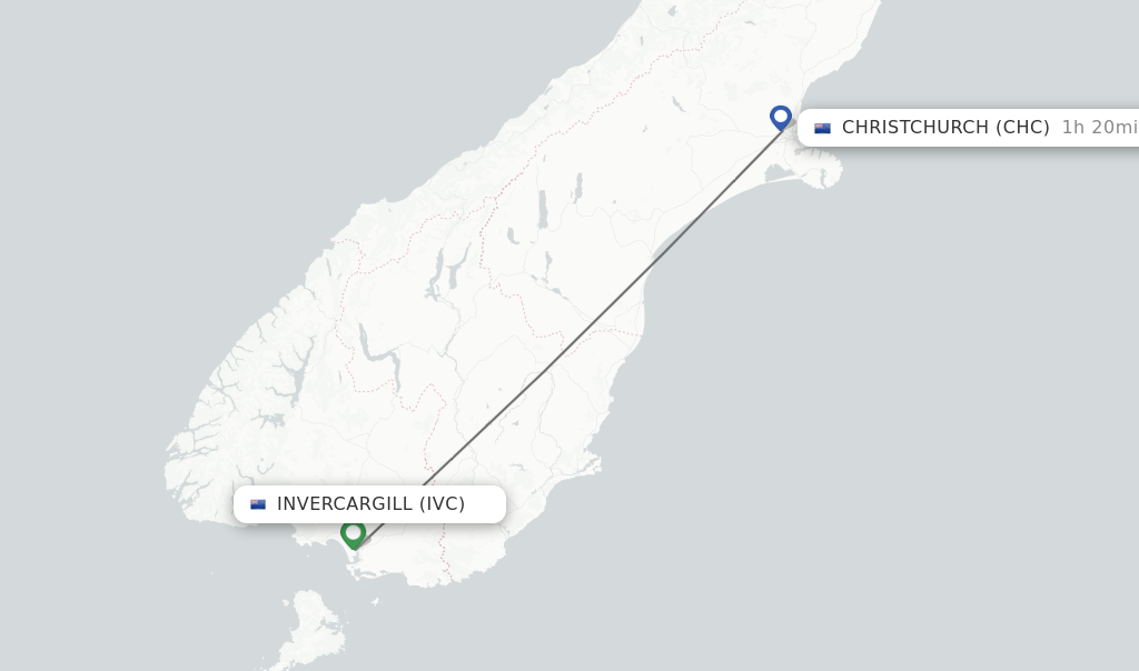 Flights from Invercargill to Christchurch route map