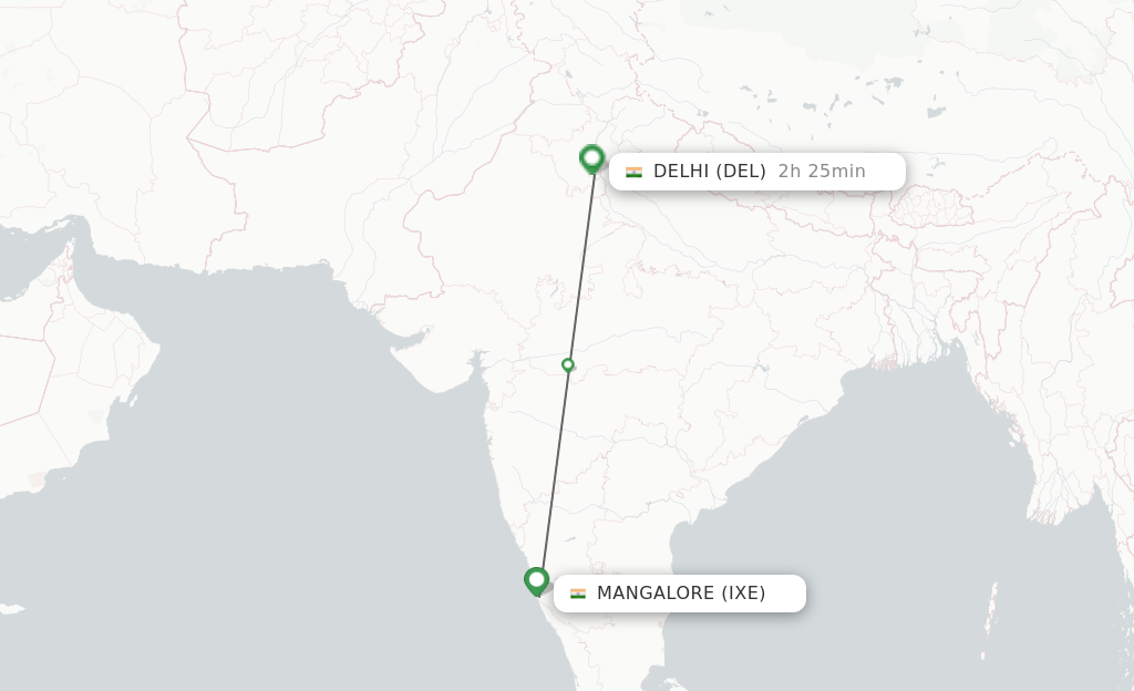 Flights from Mangalore to Delhi route map