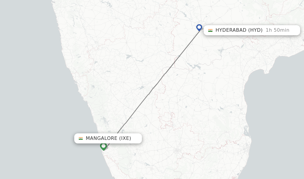 Flights from Mangalore to Hyderabad route map