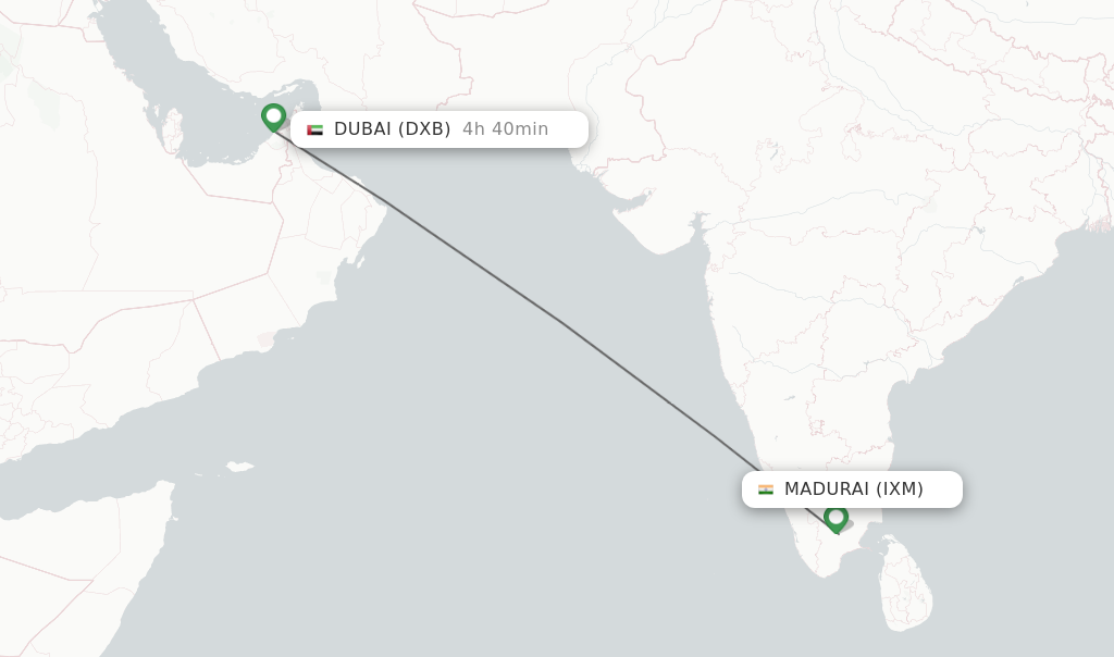 Flights from Madurai to Dubai route map