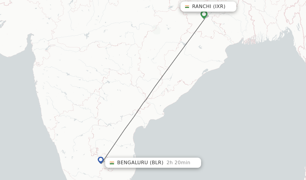 Flights from Ranchi to Bengaluru route map