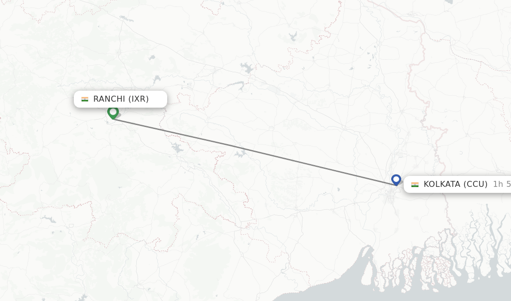 Flights from Ranchi to Kolkata route map