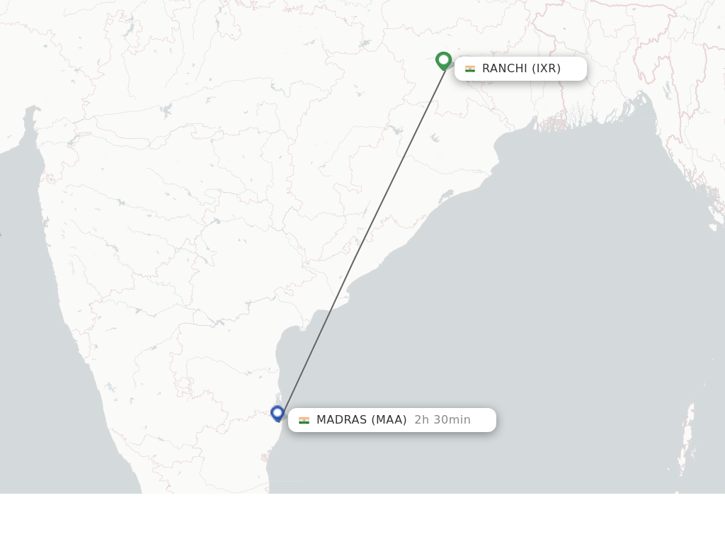 Flights from Ranchi to Chennai route map
