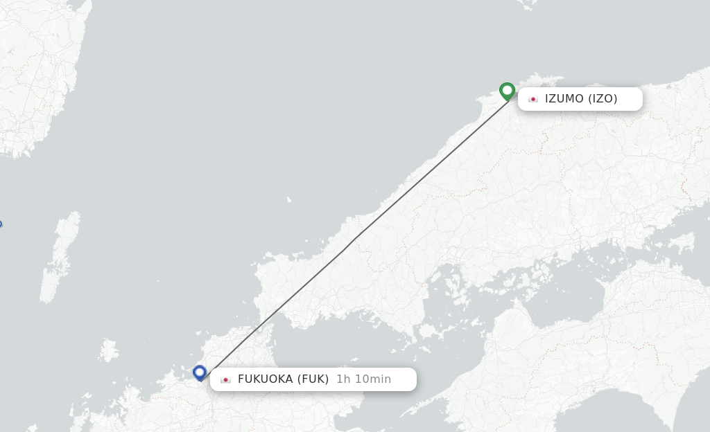 Flights from Izumo to Fukuoka route map