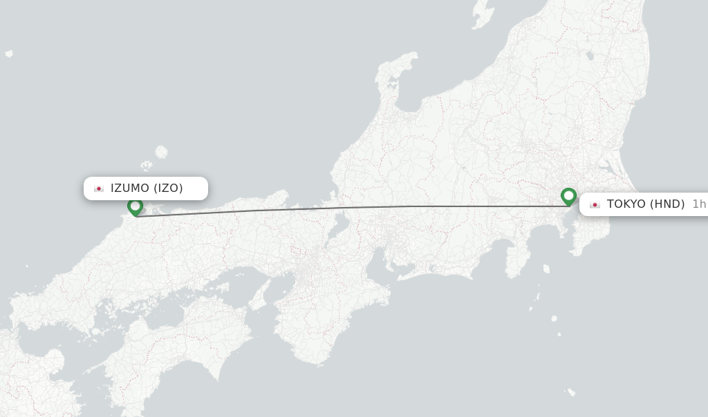 Flights from Izumo to Tokyo route map