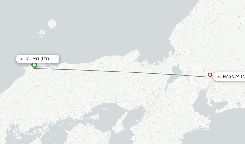Flights from Izumo to Nagoya route map