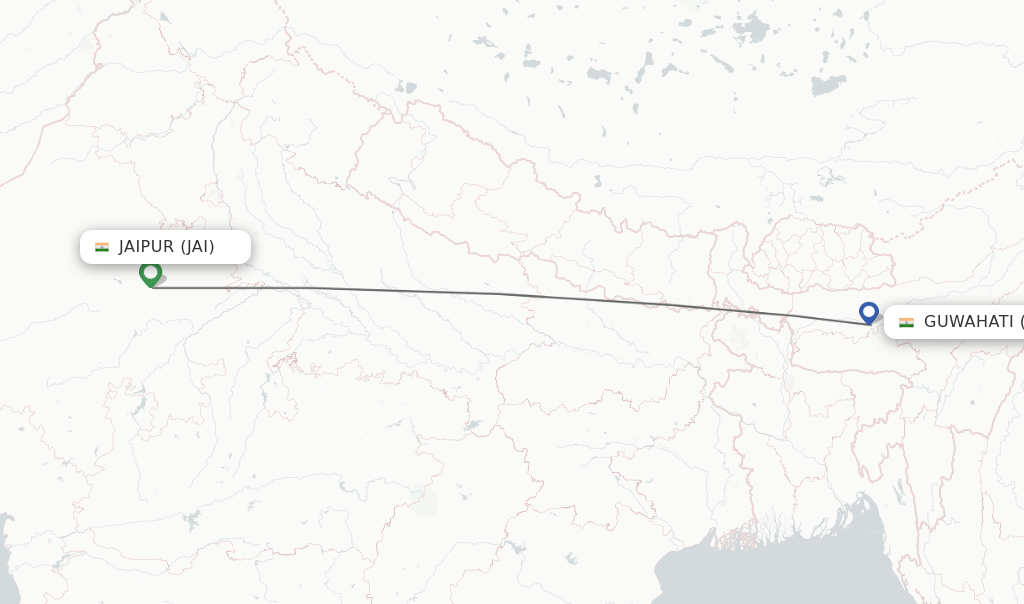Flights from Jaipur to Guwahati route map