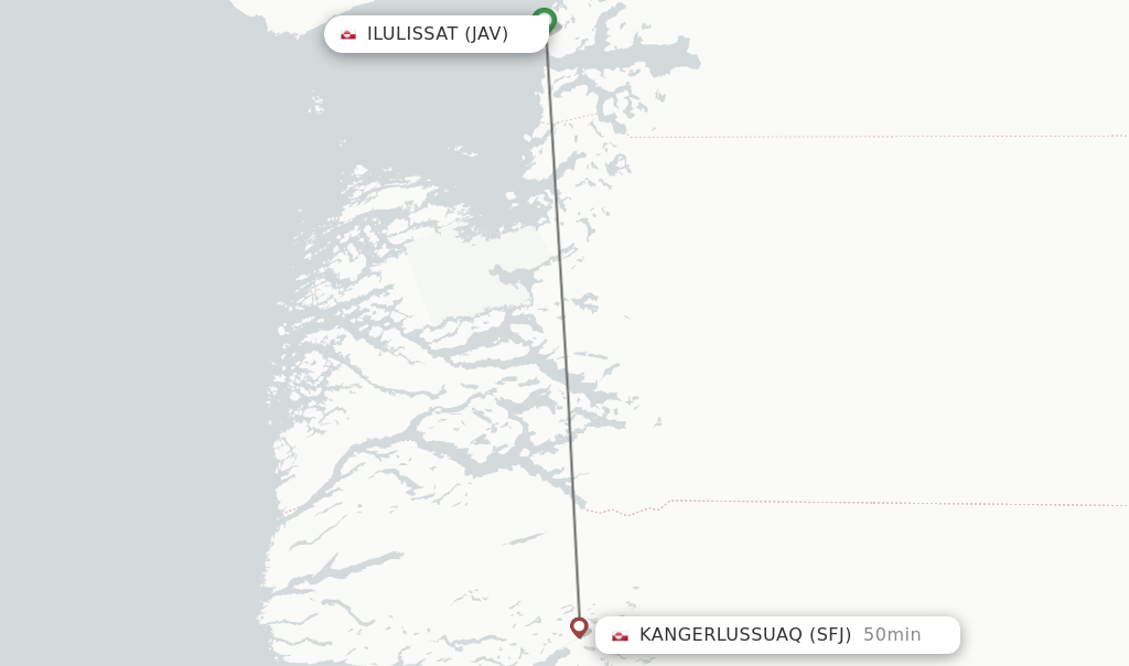 Flights from Ilulissat to Kangerlussuaq route map