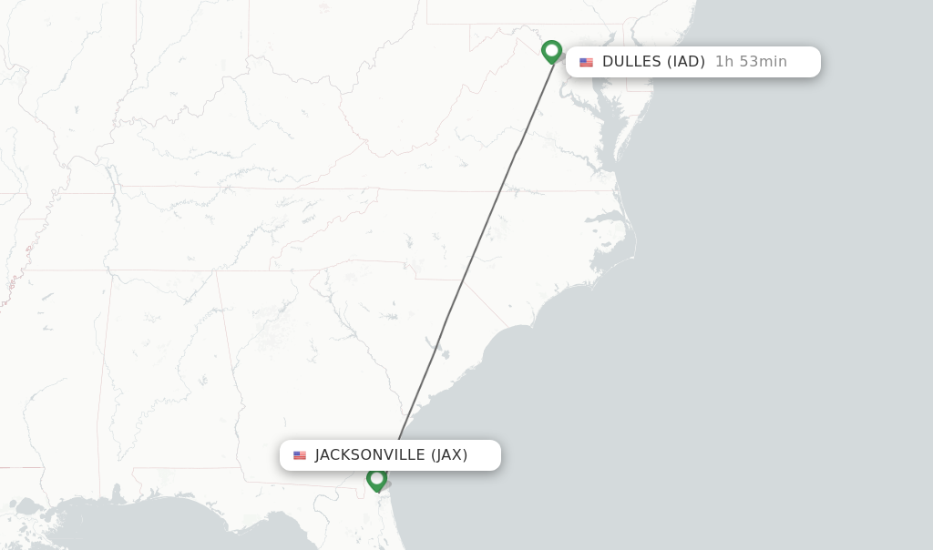 Flights from Jacksonville to Dulles route map