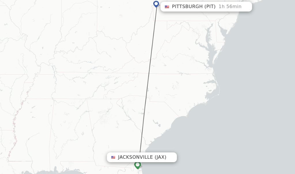 Flights from Jacksonville to Pittsburgh route map