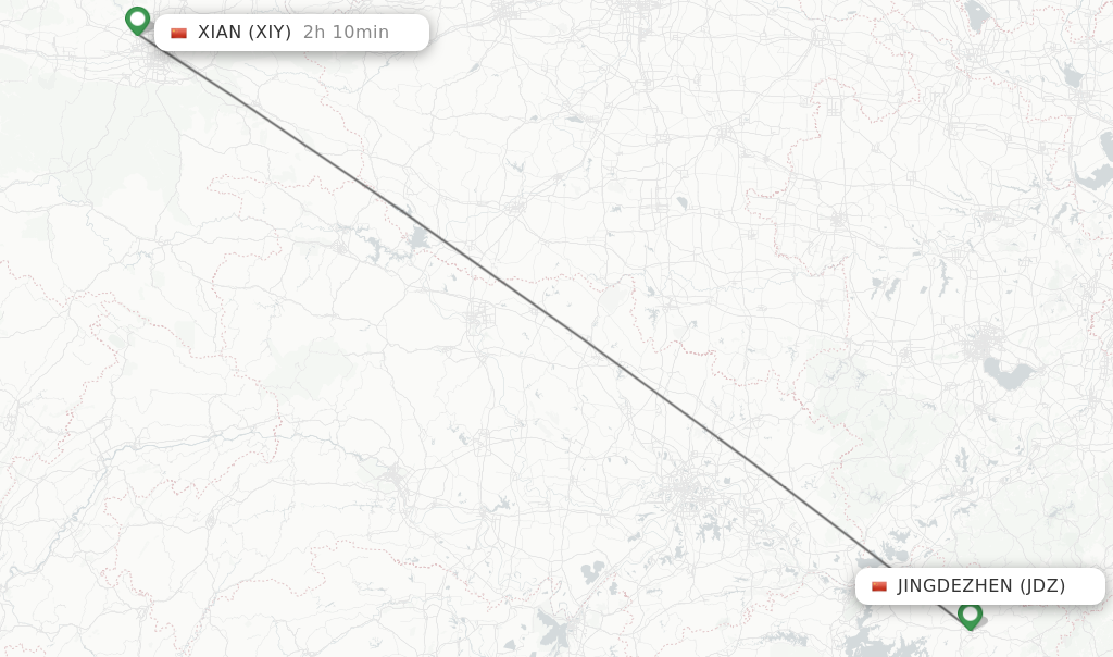 Flights from Xian to Jingdezhen route map