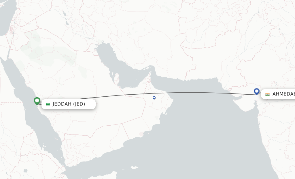 Flights from Jeddah to Ahmedabad route map