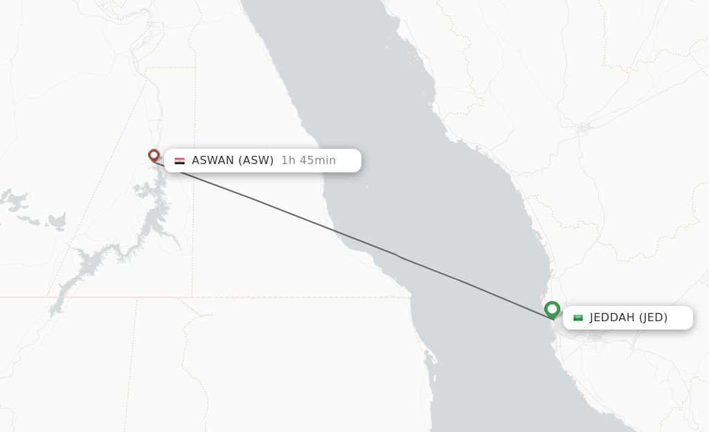 Flights from Jeddah to Aswan route map