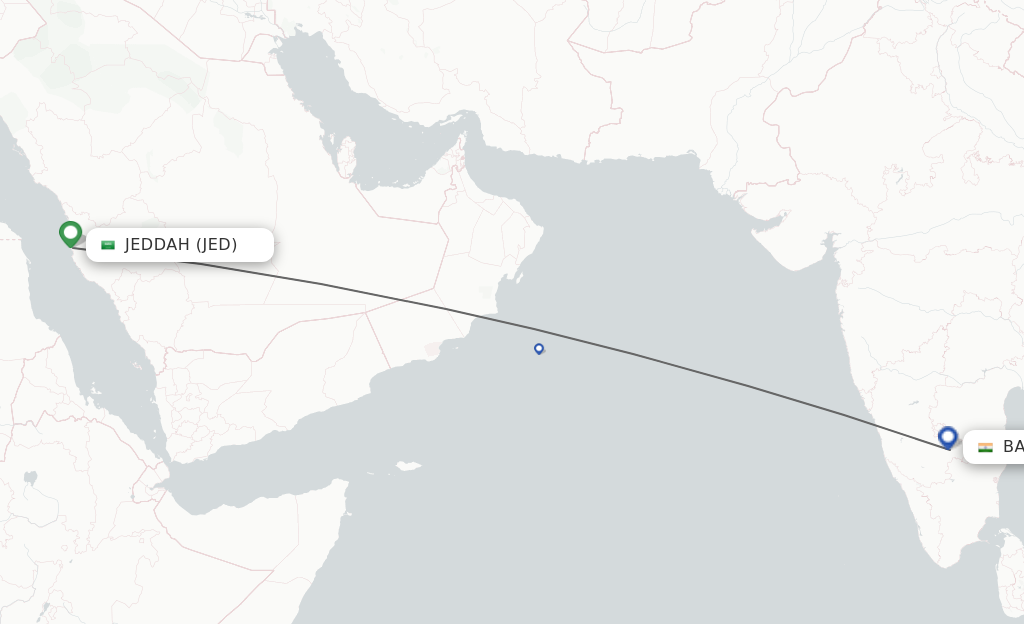 Flights from Jeddah to Bengaluru route map