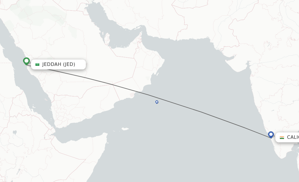 Flights from Jeddah to Kozhikode route map