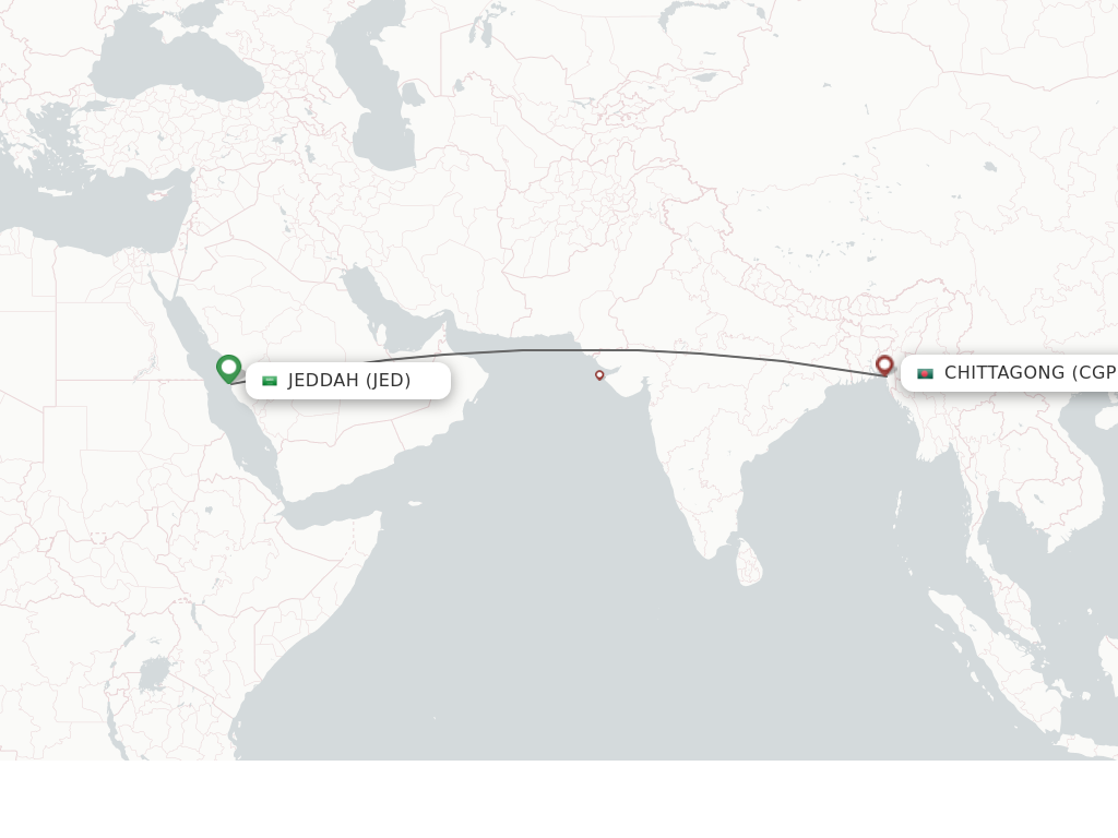Flights from Jeddah to Chittagong route map
