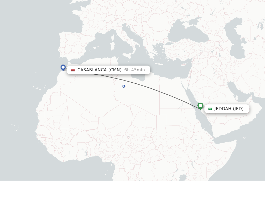 Flights from Jeddah to Casablanca route map