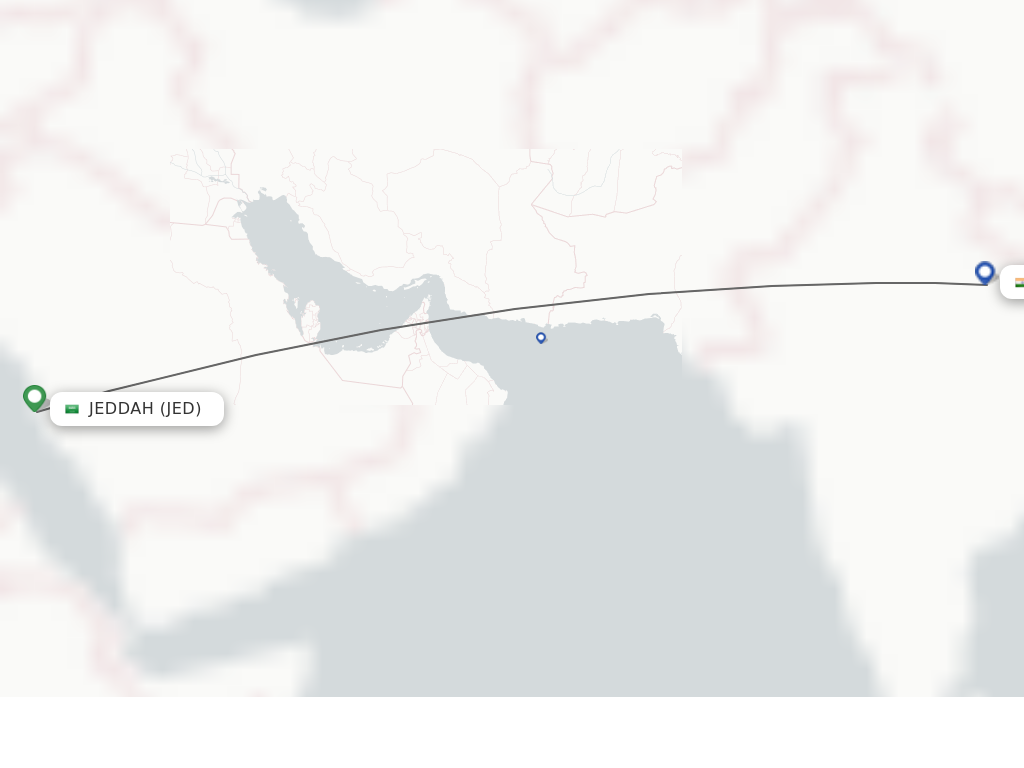 Flights from Jeddah to Lucknow route map
