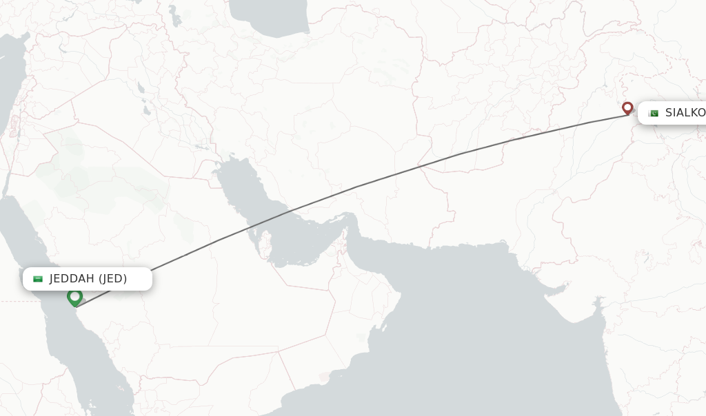 Flights from Jeddah to Sialkot route map