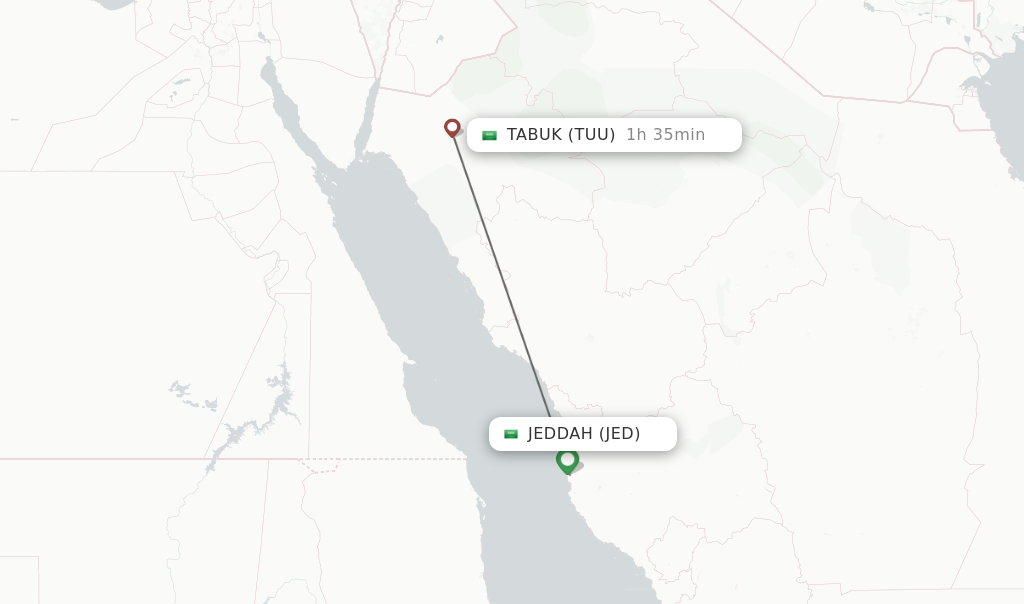 Flights from Jeddah to Tabuk route map