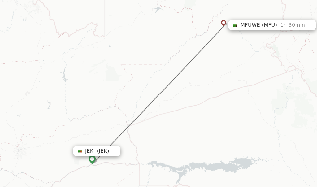 Flights from Jeki to Mfuwe route map