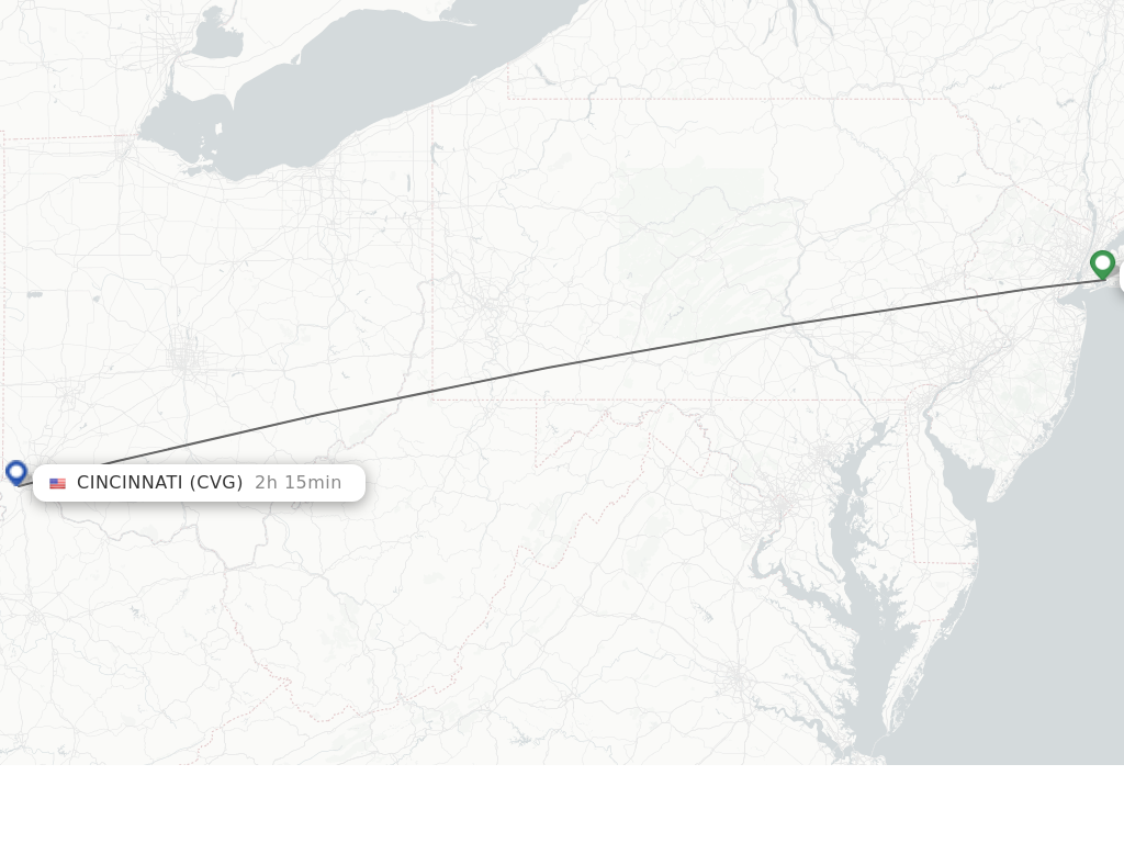 Flights from New York to Cincinnati route map
