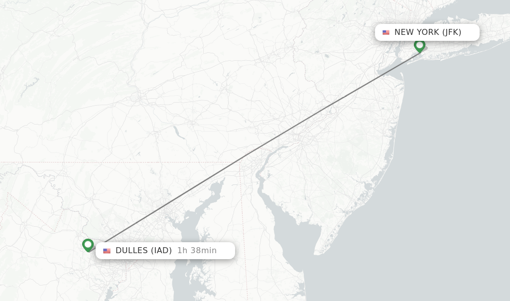 Flights from New York to Dulles route map