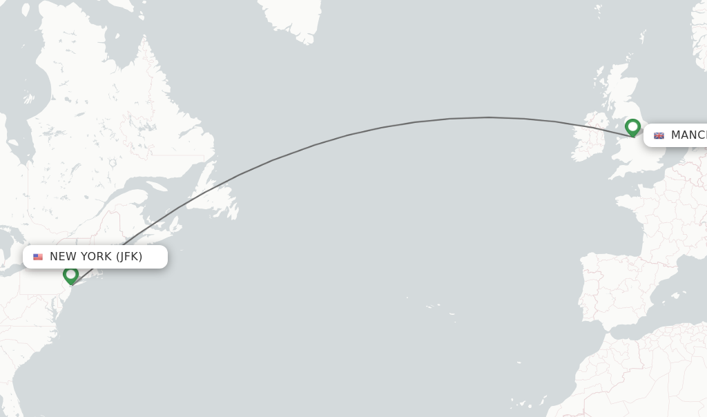 Flights from New York to Manchester route map