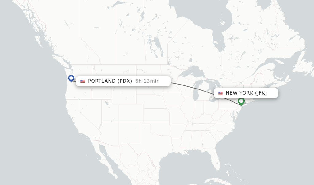 Flights from New York to Portland route map