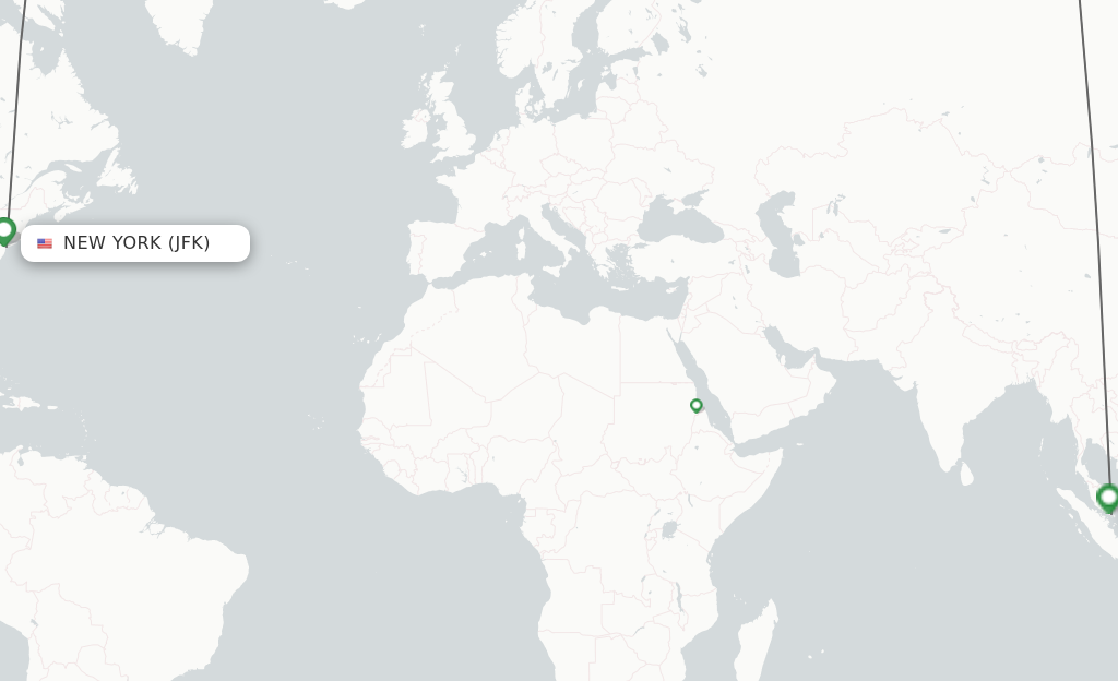 Flights from New York to Singapore route map