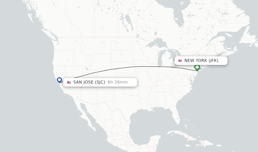 Flights from New York to San Jose route map
