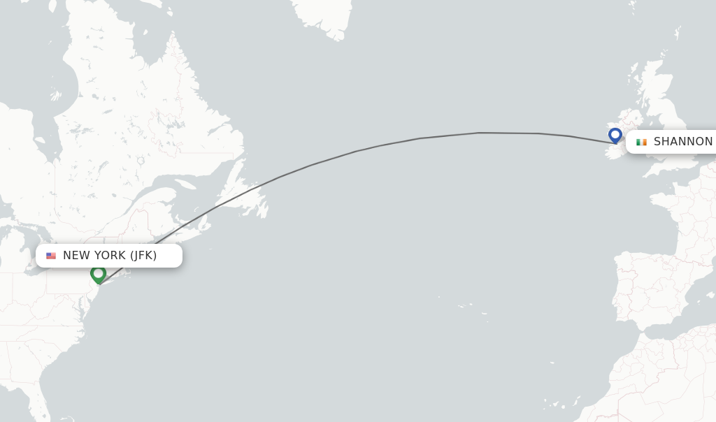 Flights from New York to Shannon route map