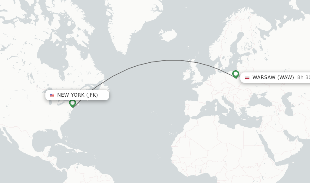 Flights from New York to Warsaw route map