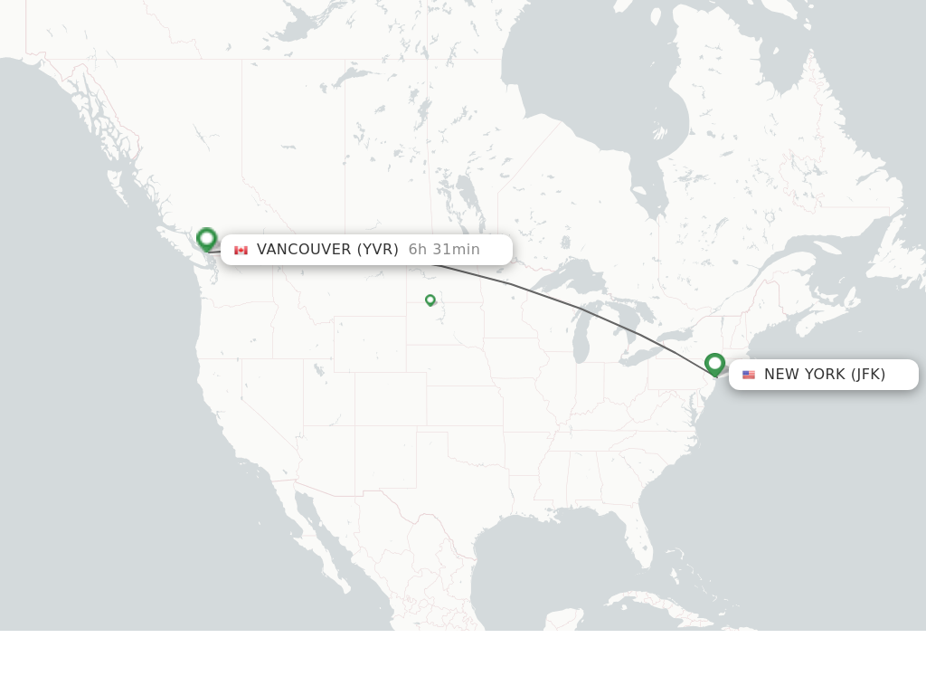 Flights from New York to Vancouver route map
