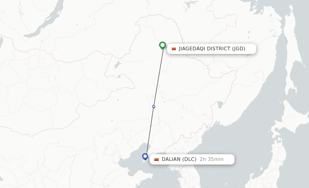 Flights from Jiagedaqi District to Dalian route map