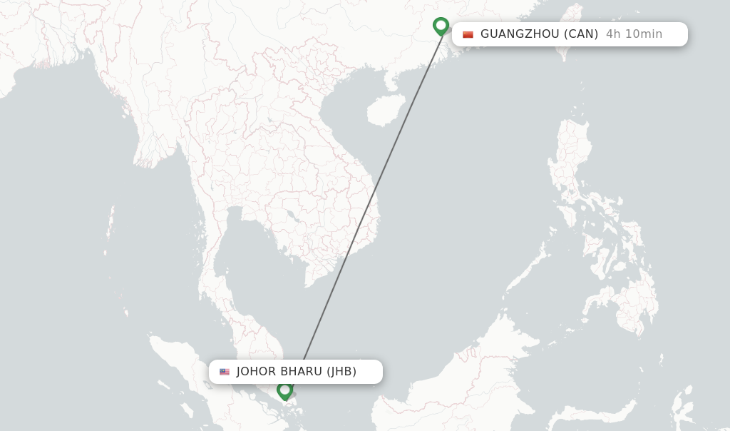 Flights from Guangzhou to Johor Bharu route map