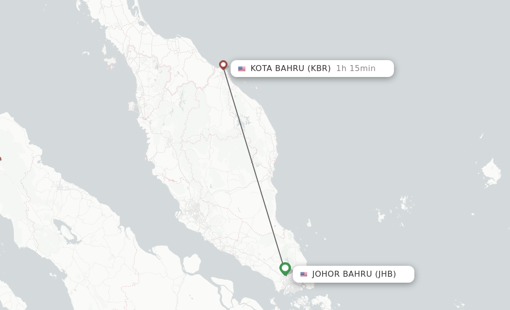 Flights from Johor Bharu to Kota Bharu route map