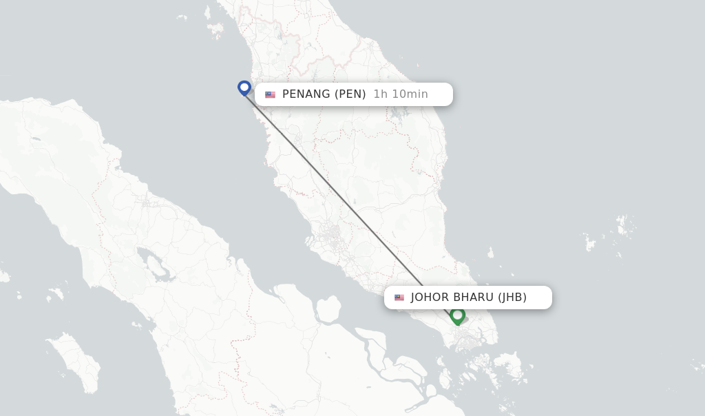 Flights from Johor Bharu to Penang route map