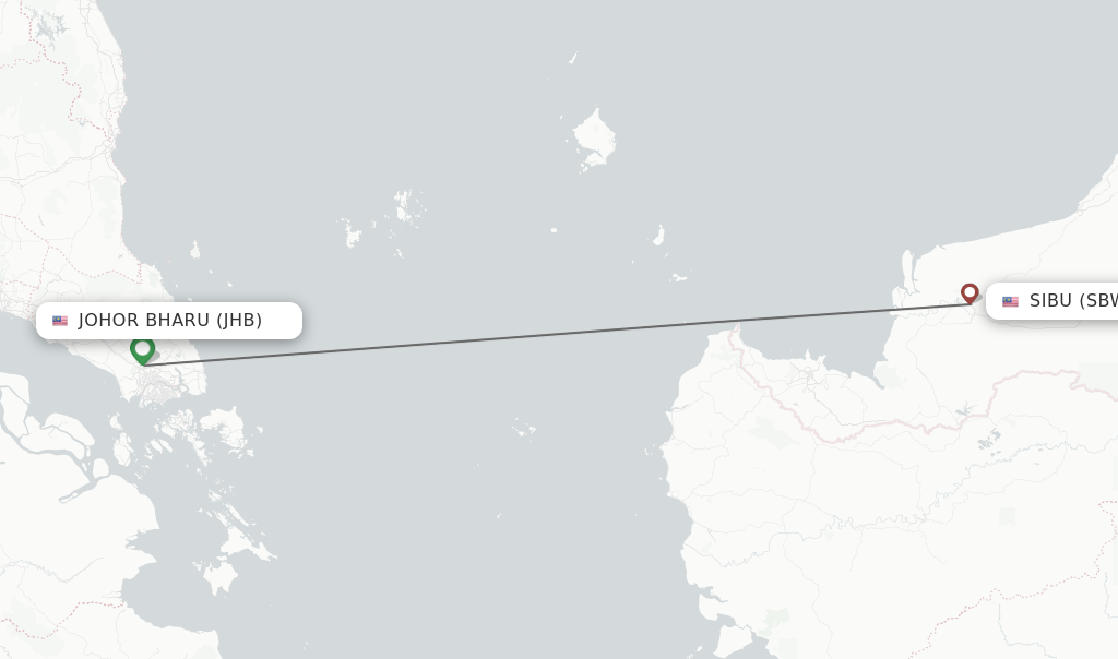 Flights from Johor Bharu to Sibu route map