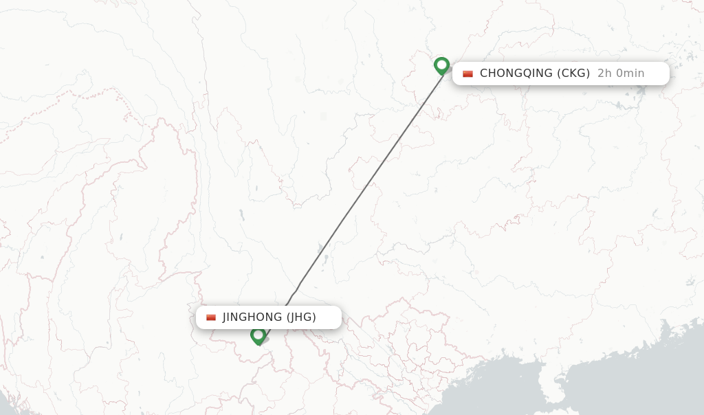 Flights from Jinghong to Chongqing route map